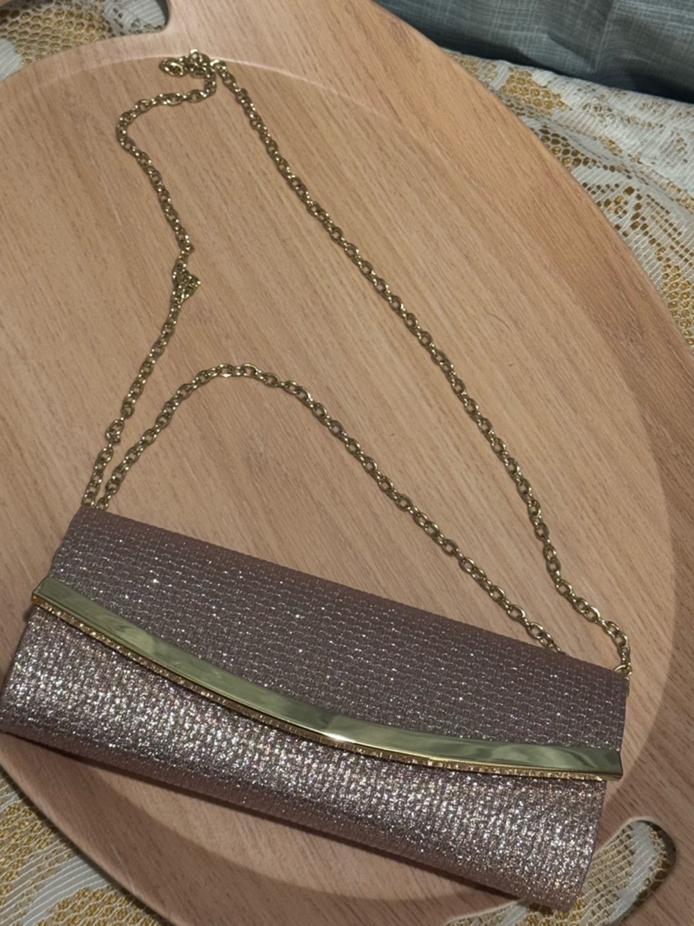 Glittery Rose Gold Chain Clutch - Evening Bag
